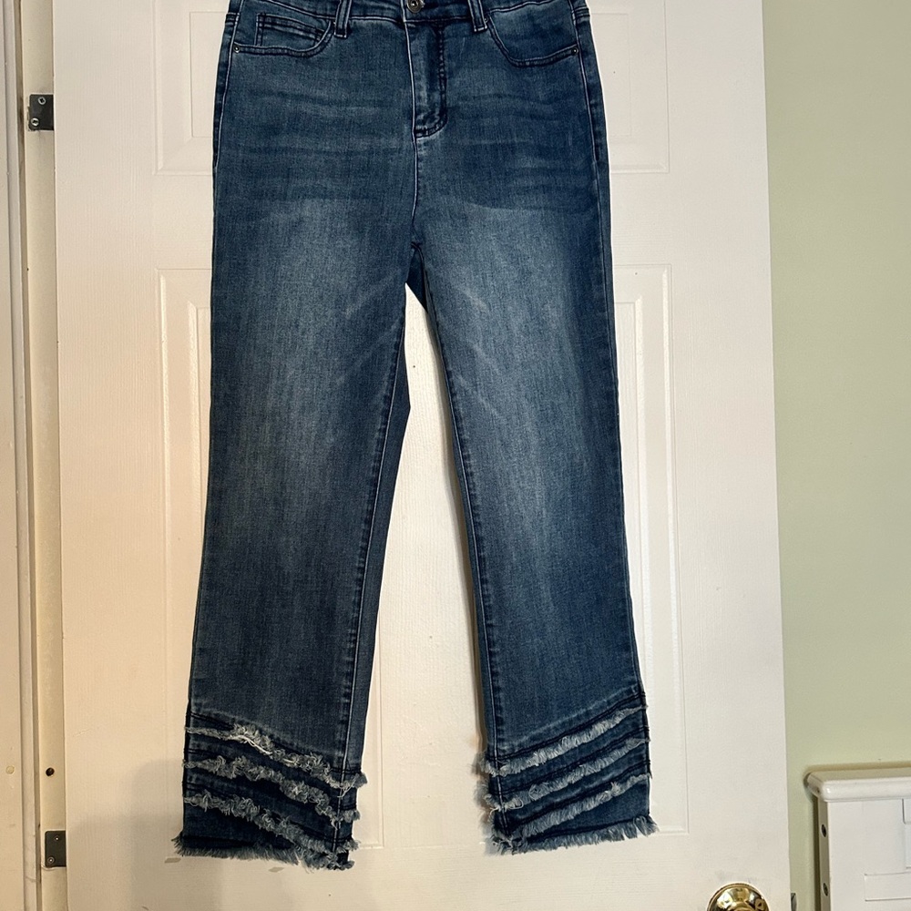 Blue Flare Wide Leg Jeans with Distressed Hem